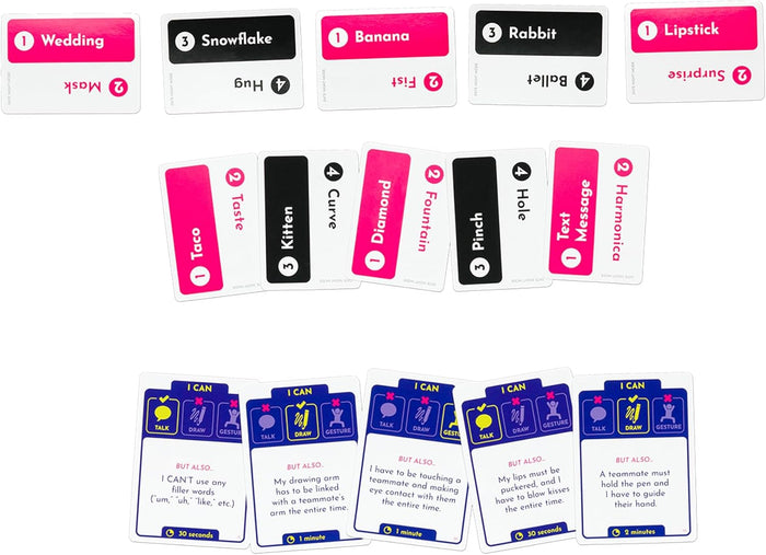 Pink, black, and blue game cards showing word prompts and challenge instructions with icons and time limits.