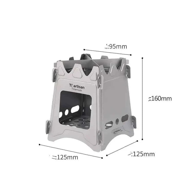 Widesea portable camping wood stove by Mead's Supply & Equipment, foldable outdoor camping and hiking cook stove for outdoor cooking.