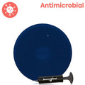 Blue textured circular sensory seat cushion with a black hand pump and antimicrobial graphic.