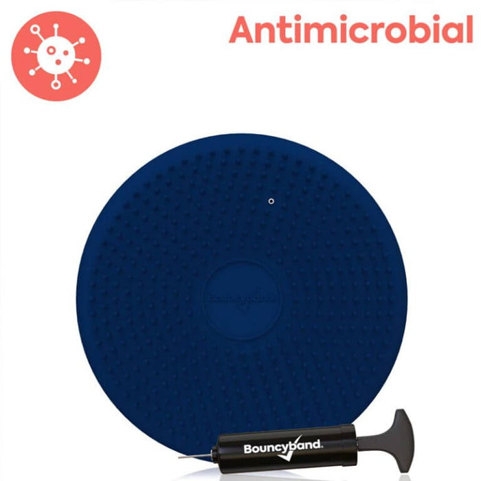 Blue textured circular sensory seat cushion with a black hand pump and antimicrobial graphic.