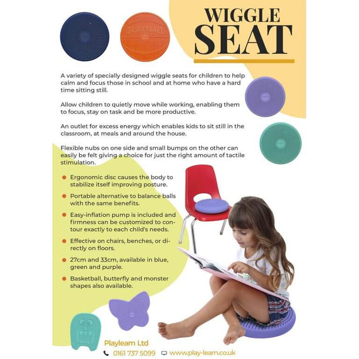 Flyer showing colorful, textured sensory cushions in various shapes and a child sitting on one while reading a book.
