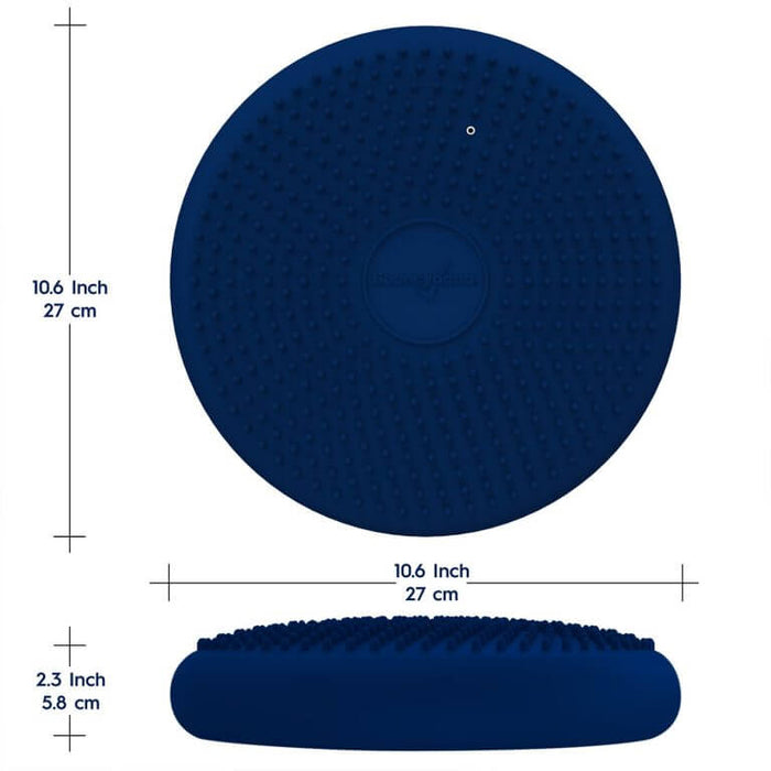 Top and side views of a blue, nubby sensory seat cushion with 27 cm diameter and 5.8 cm thickness labels.