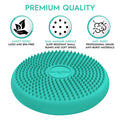 Teal circular cushion with soft spikes and icons for safety, dual massage surfaces, and anti-burst material.