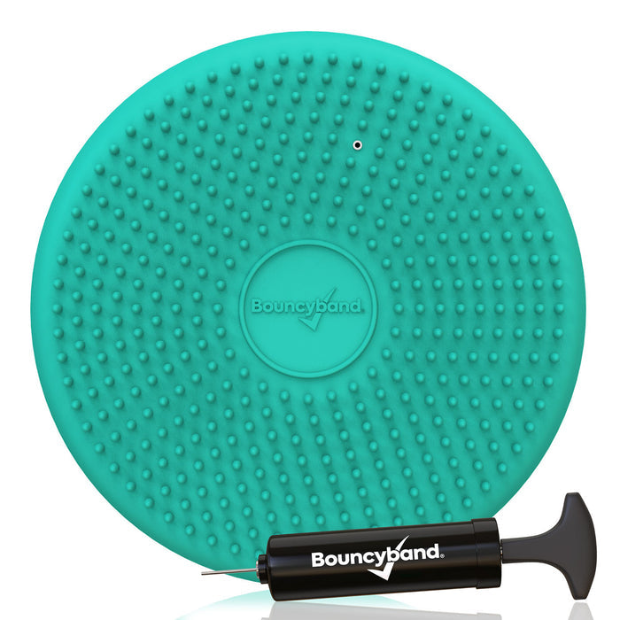 Teal circular sensory cushion with small bumps, shown with a black hand pump for inflation.