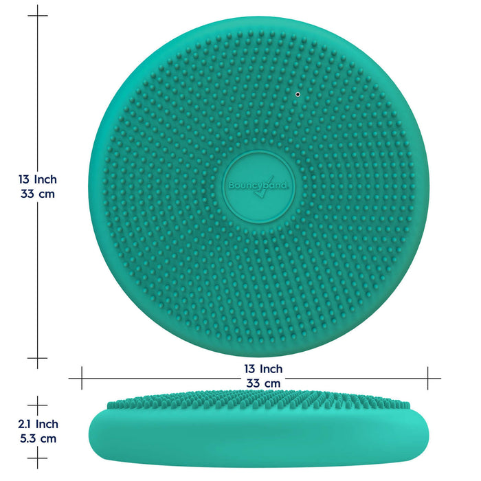 Teal textured sensory cushion. Top and side views show labels for 13-inch diameter and 2.1-inch thickness.