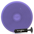 Purple circular sensory cushion with a bumpy, nubbed surface and a black hand pump.