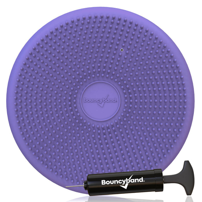 Purple circular sensory cushion with a bumpy, nubbed surface and a black hand pump.