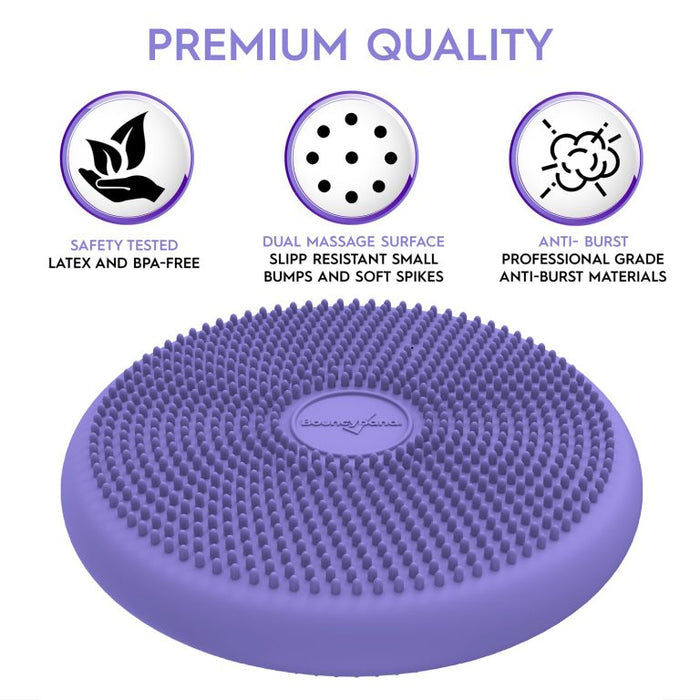 Purple textured sensory cushion with soft spikes and icons for safety, dual massage surface, and anti-burst materials.