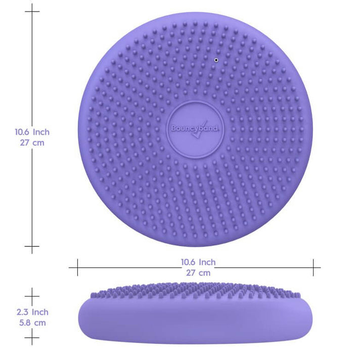 Purple nubby inflatable sensory cushion with top and side views showing dimensions: 27cm diameter and 5.8cm height.