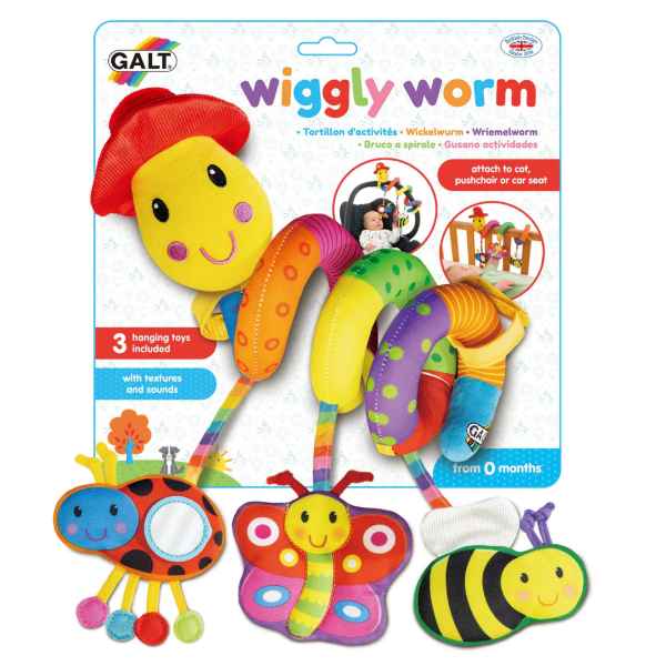 Colorful plush spiral toy with a red hat and hanging ladybug, butterfly, and bee toys on retail packaging.