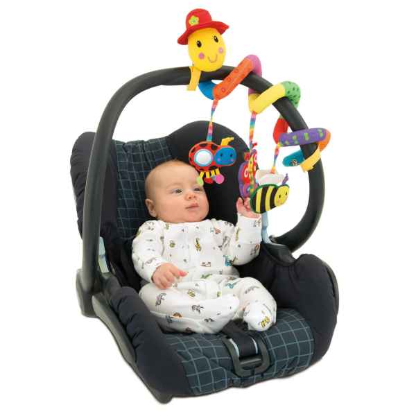 Colorful spiral activity toy with a yellow worm head and dangling plush insects wrapped around a baby car seat handle.