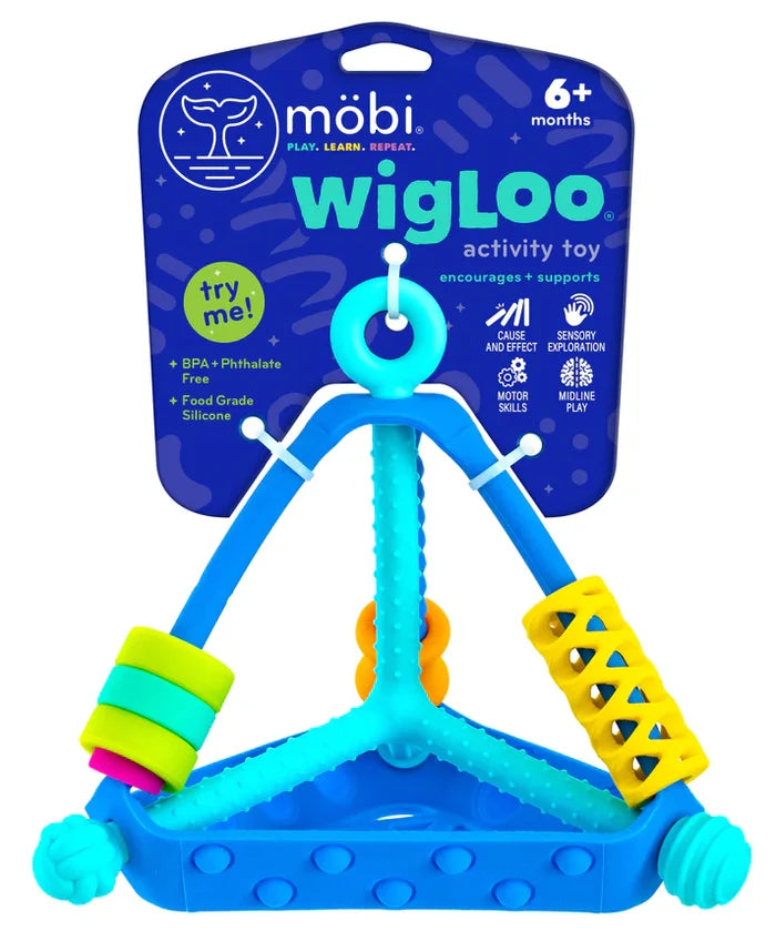 Triangular blue silicone toy with colorful textured rings, beads, and a yellow lattice tube on blue packaging.
