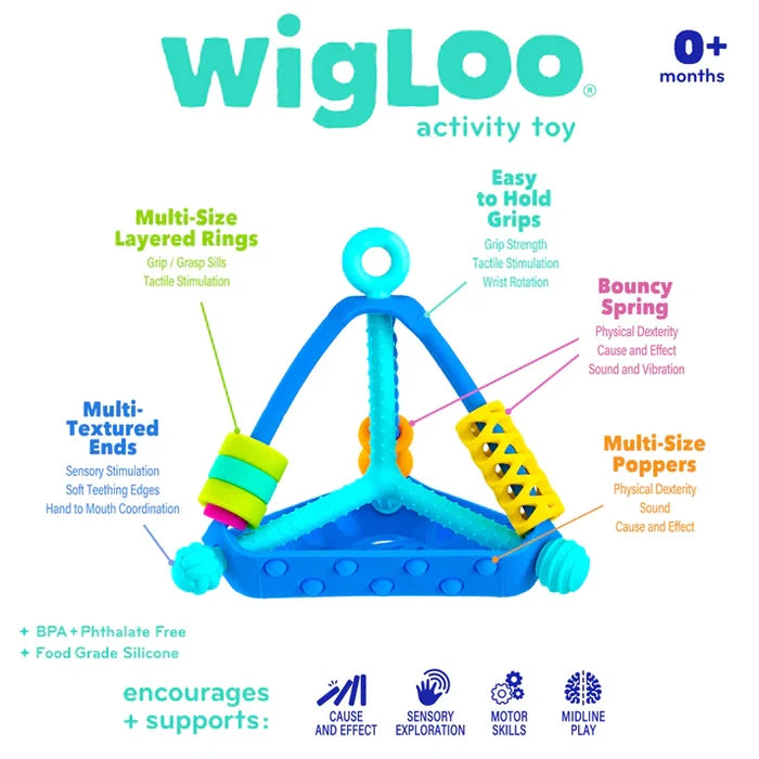 Teal triangular silicone activity toy with lime rings, yellow spring, and blue poppers on the base for sensory play.
