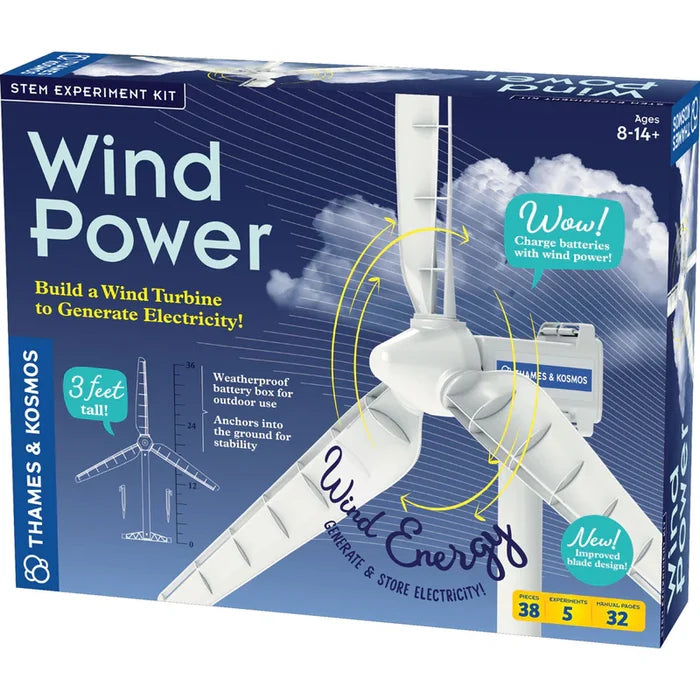 Blue box for a Wind Power STEM kit showing a large white three-blade wind turbine against a cloudy sky.