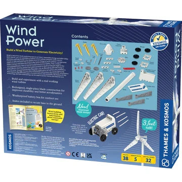 Blue box back showing kit parts, gears, a manual, a toy car, and a 3-foot tall assembled wind turbine.