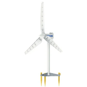 Small white wind turbine model with three grid-patterned blades, a white pole, and grey base with yellow ground stakes.