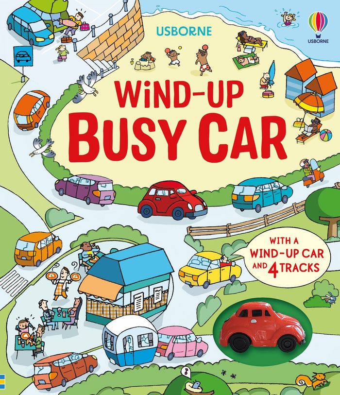 Colorful book cover with cartoon road and beach scenes, featuring a red wind-up toy car in a circular inset.
