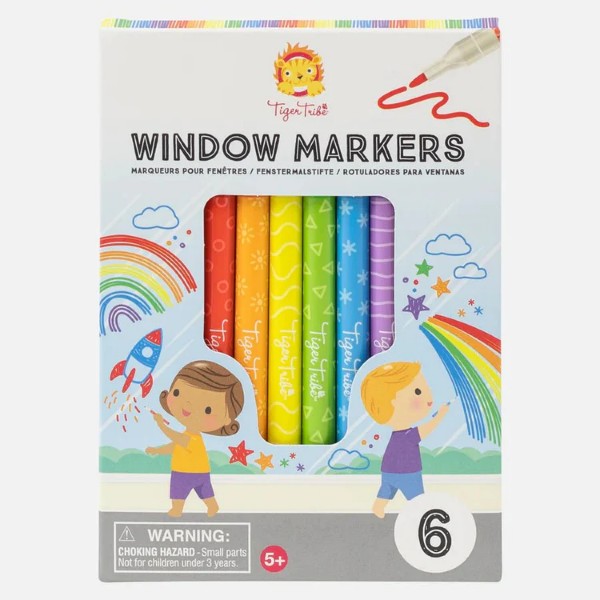 Pack of 6 rainbow window markers in a white box with drawings of children, a rocket, and colorful rainbows.
