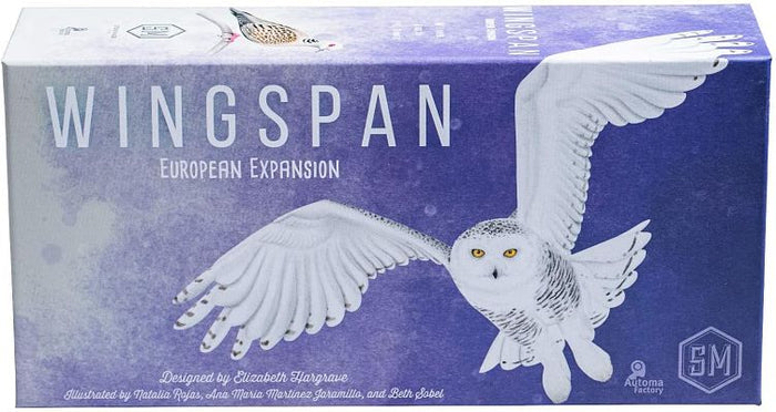 Purple board game box featuring a white snowy owl in flight with its wings spread across the front cover.