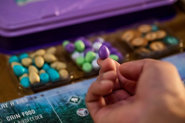 Hand holding a small purple egg above trays of blue, tan, green, and white egg tokens on a board game mat.