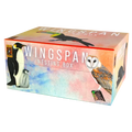 Rectangular box with watercolor art of a penguin, owl, and toucan, titled Wingspan Nesting Box in white text.