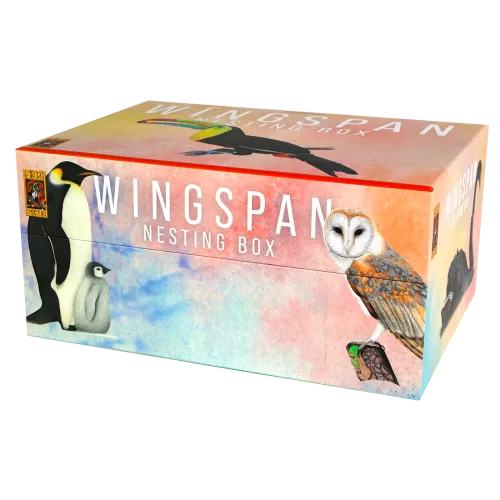 Rectangular box with watercolor art of a penguin, owl, and toucan, titled Wingspan Nesting Box in white text.