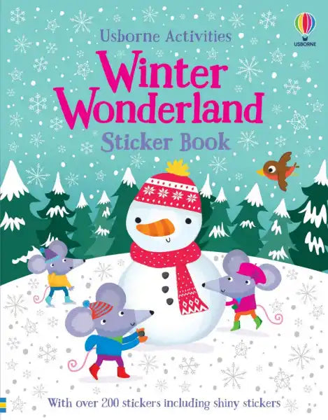 Light blue sticker book cover with a snowman, cartoon mice in winter clothes, and pink text amidst falling snow.