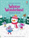 Light blue sticker book cover with a snowman, cartoon mice in winter clothes, and pink text amidst falling snow.