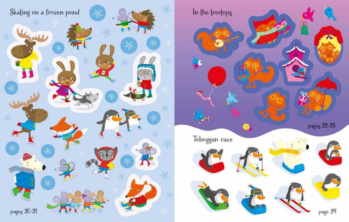 Sticker book pages of colorful cartoon animals skating and sledding on blue and purple backgrounds.