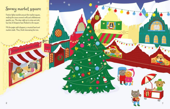 Colorful snowy market illustration with a large decorated tree, festive stalls, and cartoon animal characters.