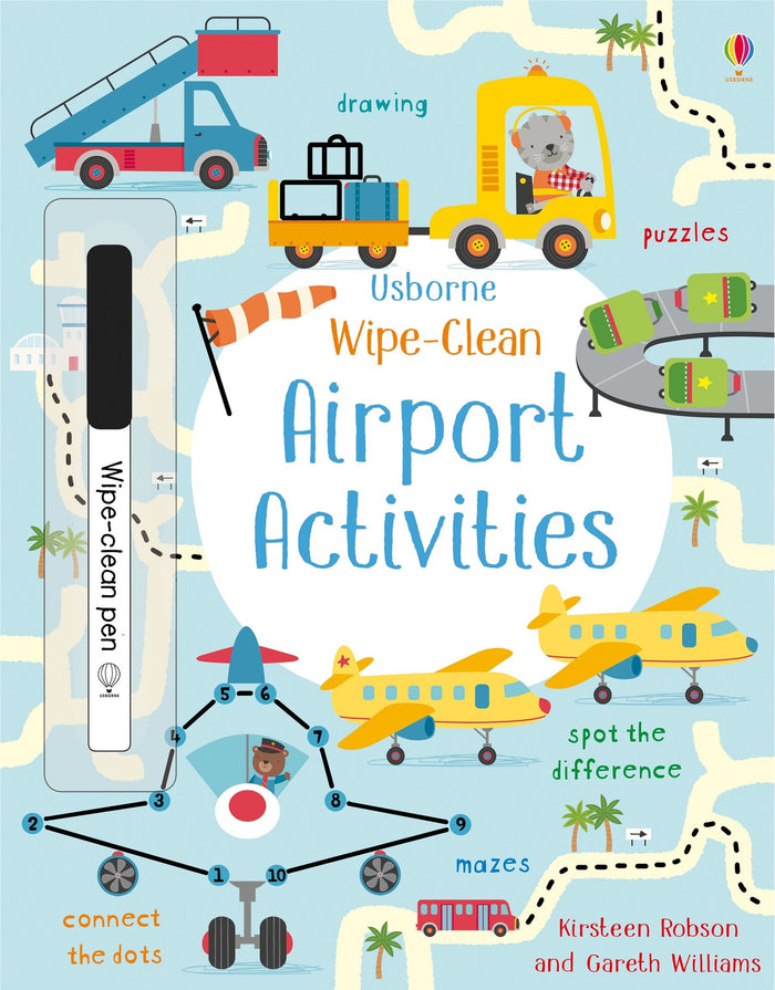 Colorful airport activity book with illustrations of planes and vehicles, featuring an attached white wipe-clean pen.