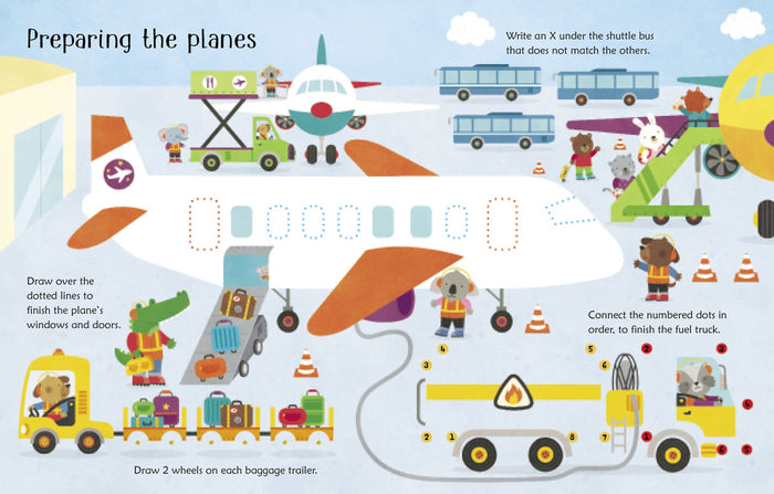 Cartoon airport activity book page featuring animal workers and drawing tasks around a large white airplane.