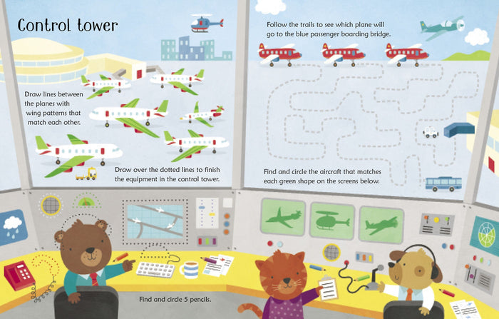 Illustrated airport activity book spread with plane-matching games, a maze, and animal characters in a control room.