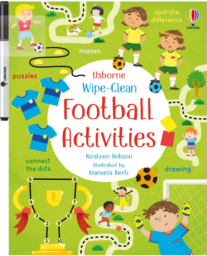 Bright green book cover with soccer-themed puzzles, illustrated children, and a black wipe-clean marker on the left.