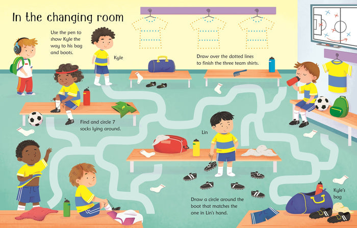 Cartoon soccer locker room activity page with a maze, tracing tasks, and find-the-object puzzles for children.