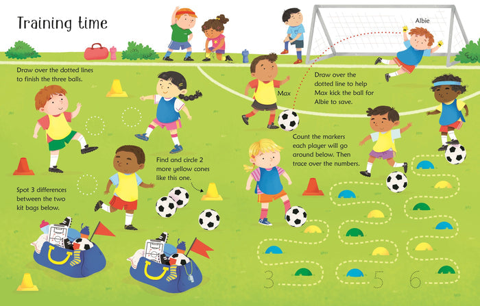 Illustrated soccer activity page with kids on a green field, featuring dotted line paths to trace and counting games.