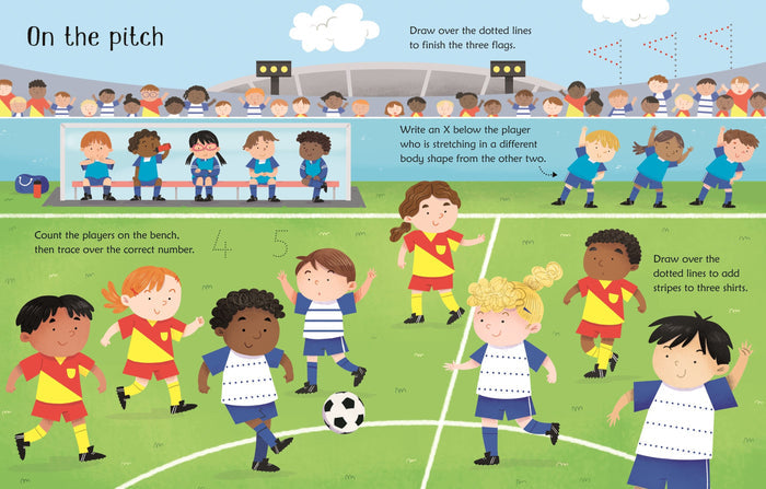 Illustrated football field with diverse children playing soccer, featuring dotted lines and numbers for tracing.