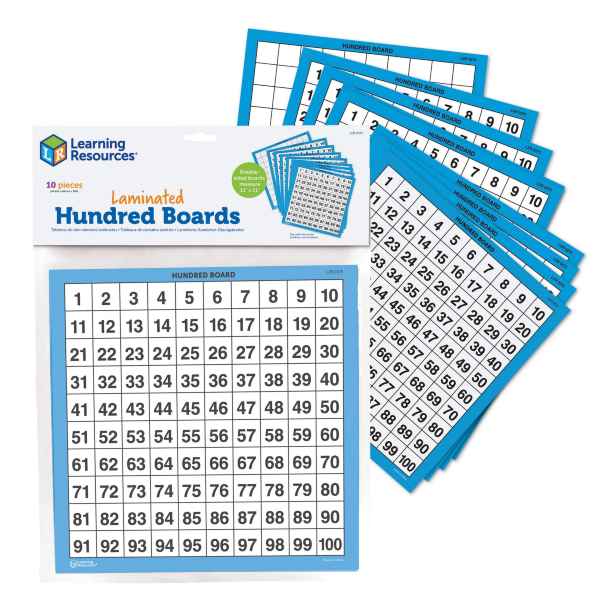 Ten blue and white laminated square boards showing a 1 to 100 number grid and additional blank practice grids.