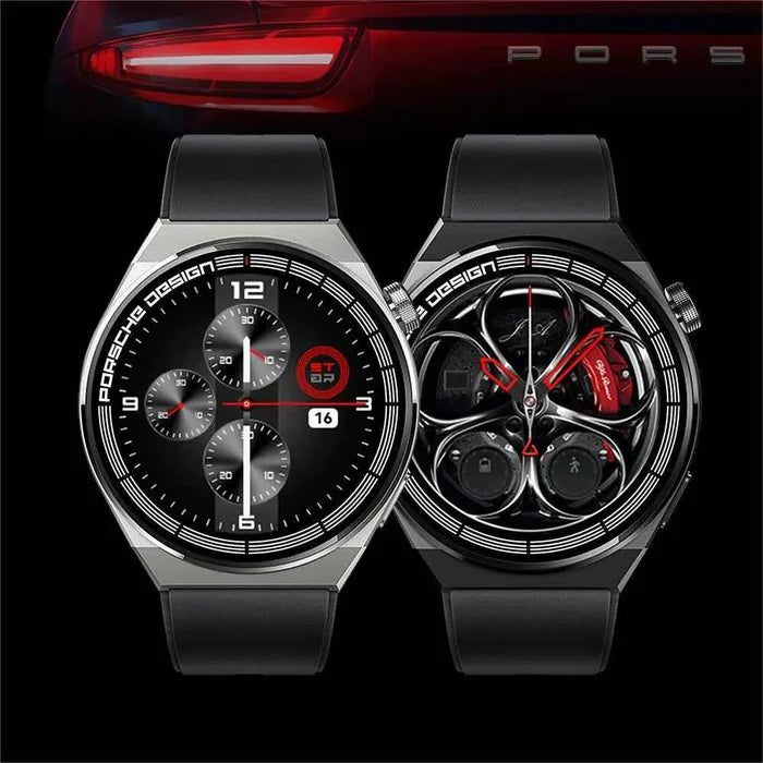 Black wireless charger and sport smartwatch with heart rate monitor, Bluetooth calling, health tracking, and 7-day battery life.