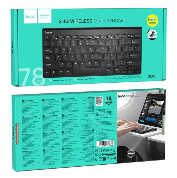 Wireless mini keyboard from TechPlus with USB nano receiver, compact design, and black keys.