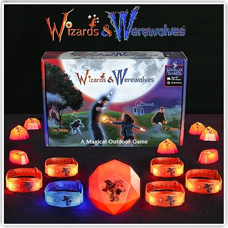 Wizards & Werewolves box with glowing orange and blue wristbands and light-up crystals on a dark background.