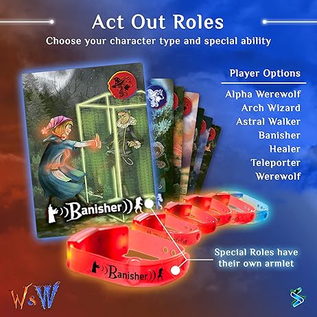 Fantasy character cards and glowing red and blue LED armlets for an active outdoor game, featuring the Banisher role.