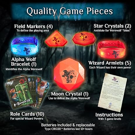 Glowing blue bracelet, orange faceted crystals, game cards, and instructions set against a dark forest background.