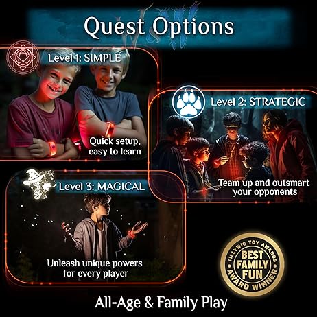 Infographic showing three game levels with kids in the dark using glowing red wristbands and fantasy-themed icons.