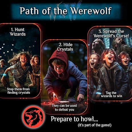 Graphic showing three steps: kids hunting, hiding glowing red crystals, and howling together in a dark forest setting.