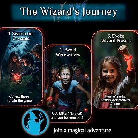 Three panels show kids playing a nighttime game in a dark forest with glowing red armbands and magical light effects.