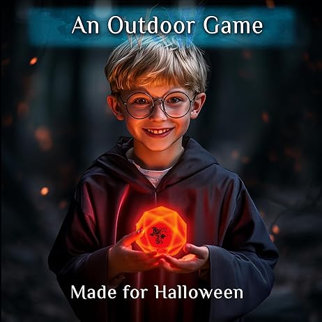 Boy in wizard robes holding a glowing orange polyhedral orb in a dark forest. Text: An Outdoor Game, Made for Halloween.