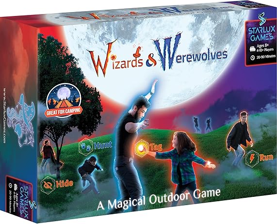Box for Wizards & Werewolves outdoor game showing people playing at night with glowing crystals under a giant moon.