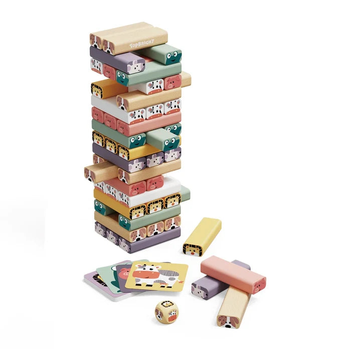 Wooden stacking tower with pastel animal face blocks, matching cards, and a wooden die on a white background.