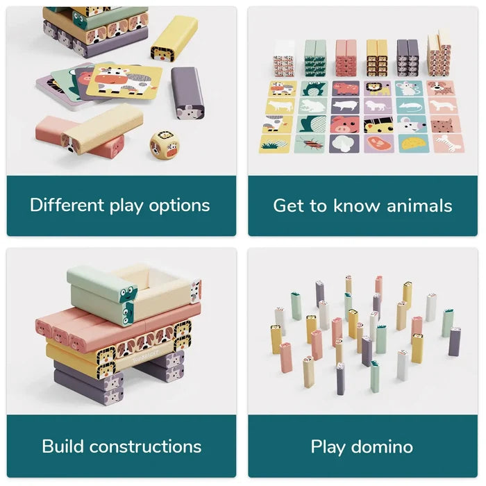 Colorful wooden blocks with animal faces and matching cards used for building, playing dominoes, and learning games.
